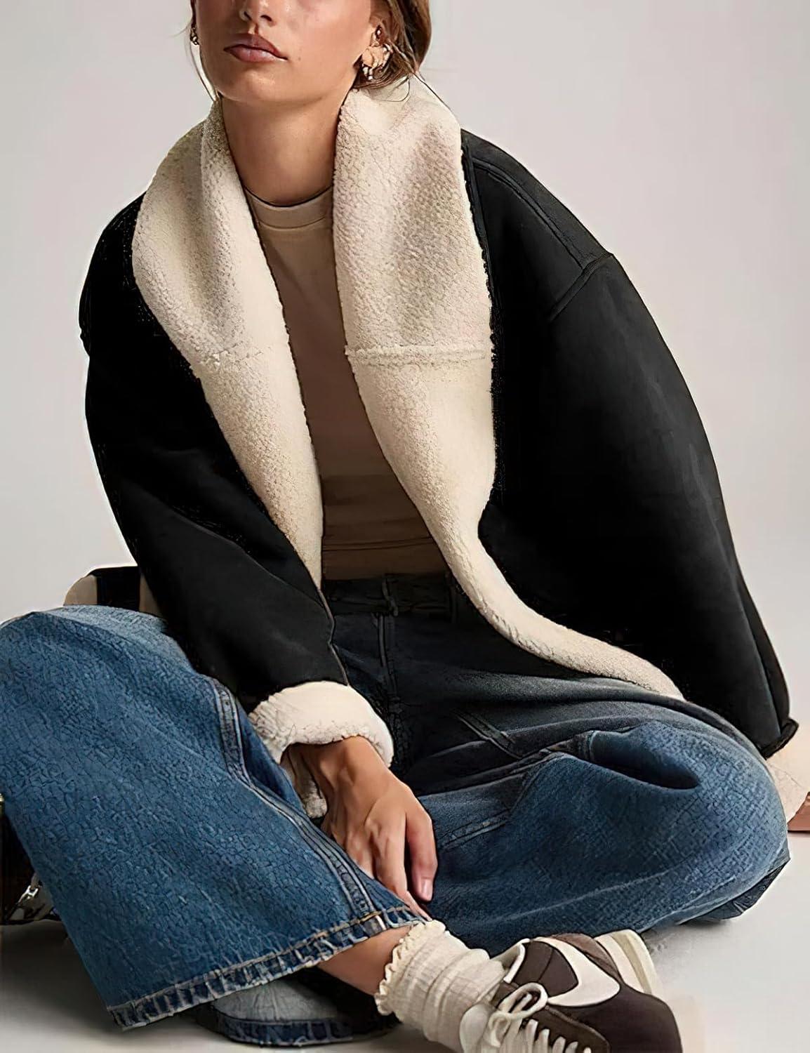 imagechouyatou Women Shawl Collar Sherpa Lined Faux Suede Leather Jacket Motorcycyle Dressy Casual Winter CoatBlack