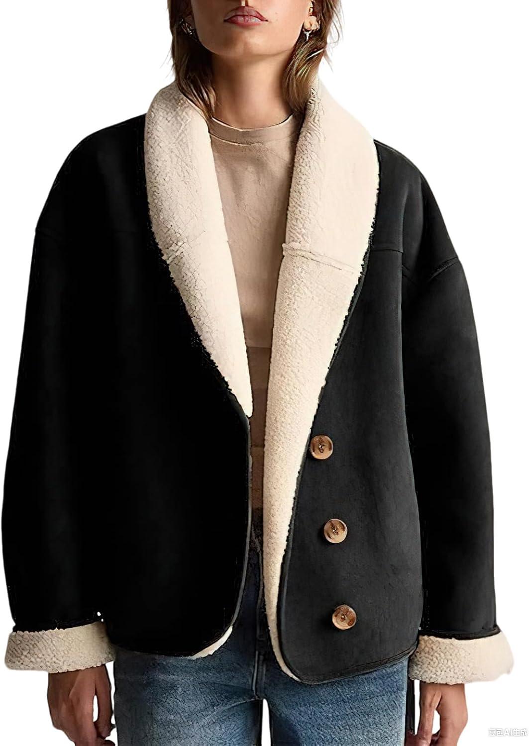 imagechouyatou Women Shawl Collar Sherpa Lined Faux Suede Leather Jacket Motorcycyle Dressy Casual Winter CoatBlack
