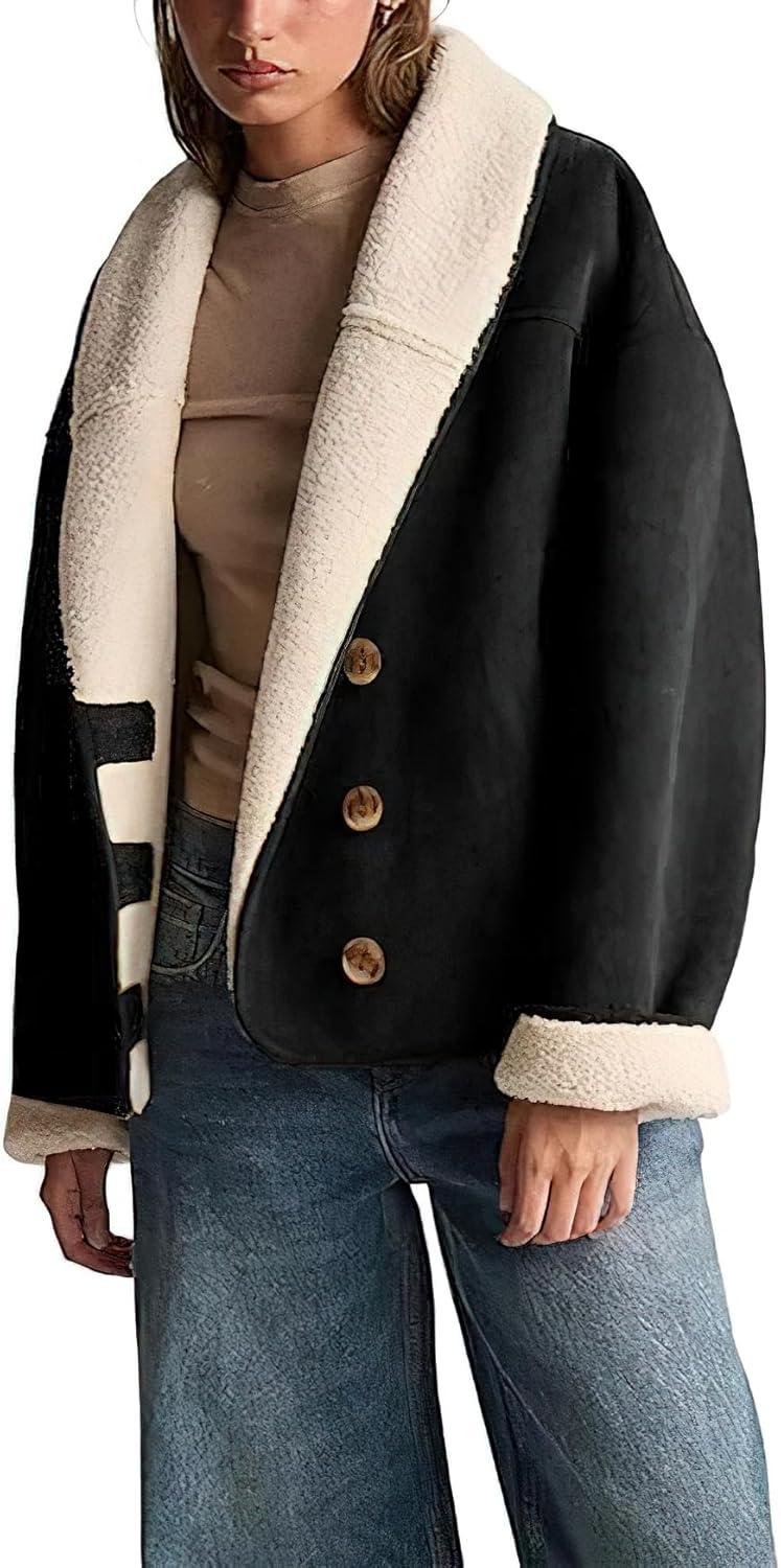 imagechouyatou Women Shawl Collar Sherpa Lined Faux Suede Leather Jacket Motorcycyle Dressy Casual Winter CoatBlack