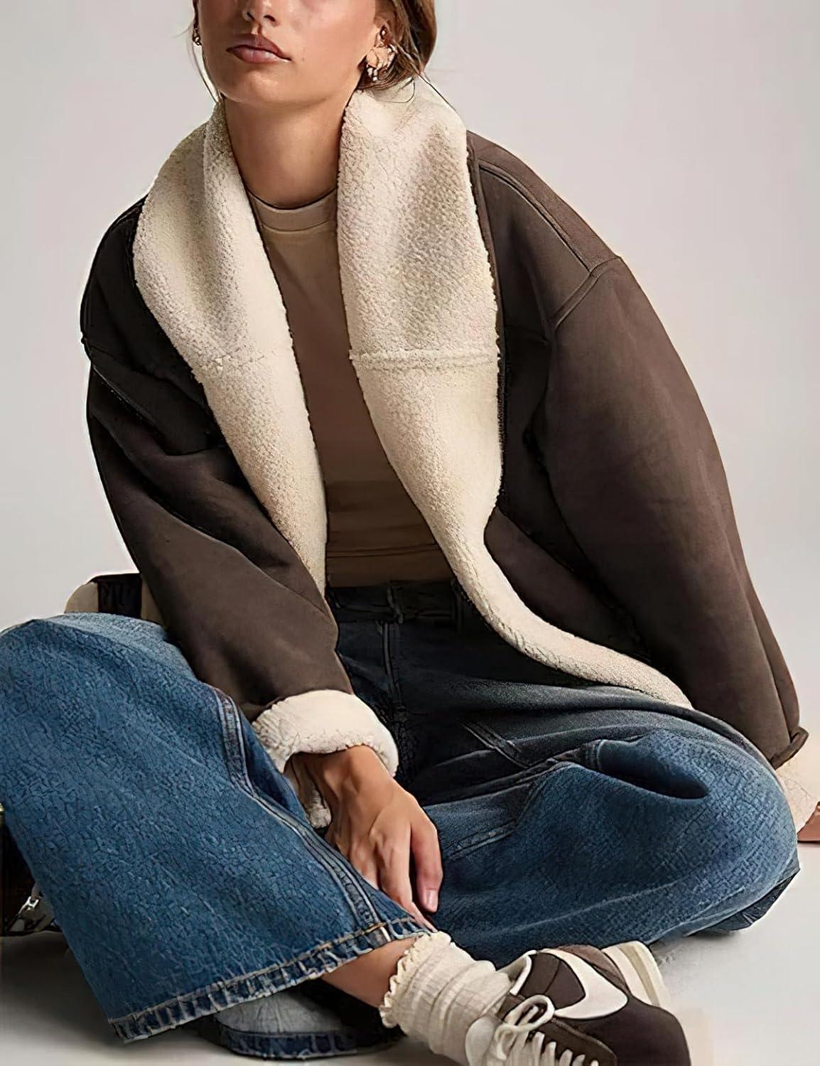 imagechouyatou Women Shawl Collar Sherpa Lined Faux Suede Leather Jacket Motorcycyle Dressy Casual Winter CoatCoffee