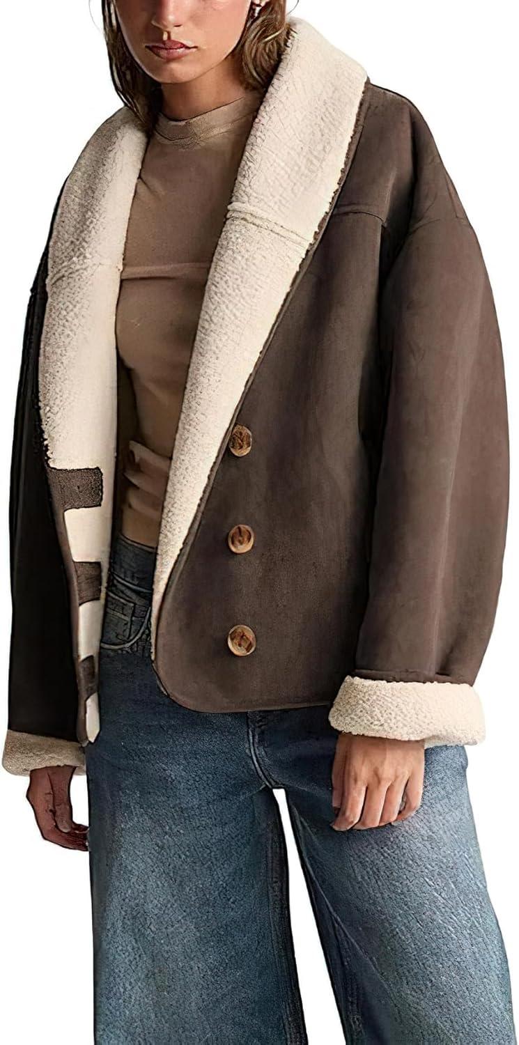 imagechouyatou Women Shawl Collar Sherpa Lined Faux Suede Leather Jacket Motorcycyle Dressy Casual Winter CoatCoffee
