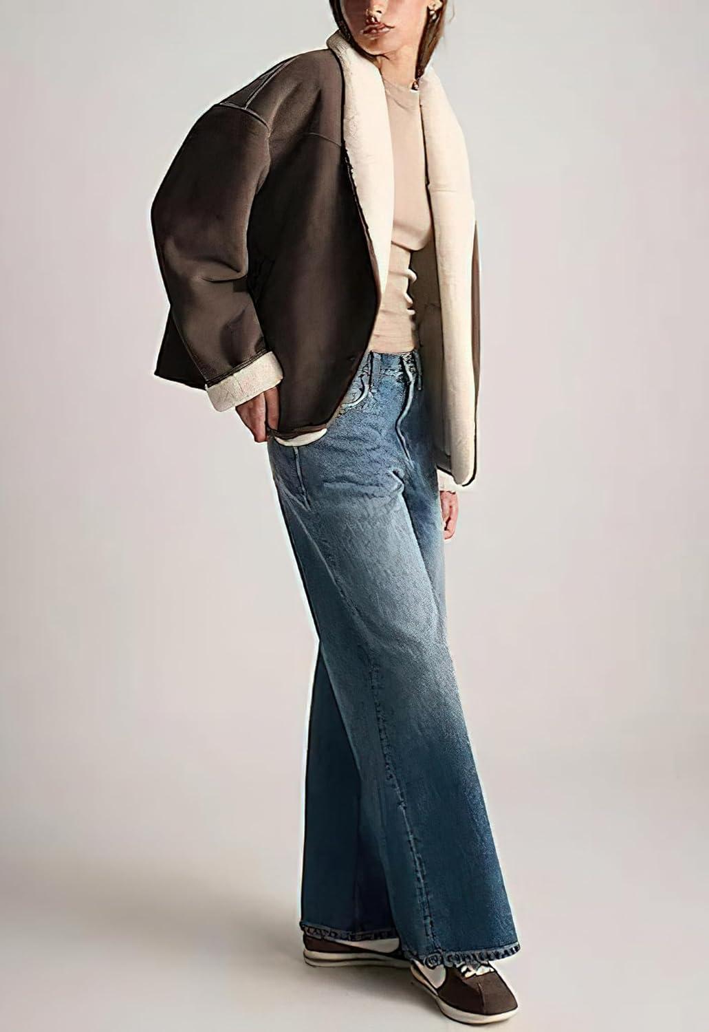 imagechouyatou Women Shawl Collar Sherpa Lined Faux Suede Leather Jacket Motorcycyle Dressy Casual Winter CoatCoffee