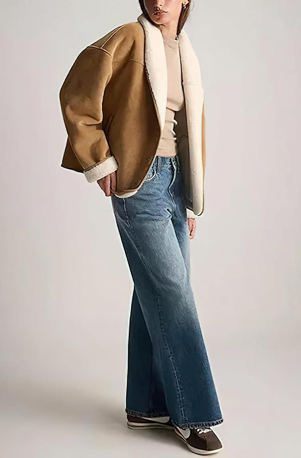 imagechouyatou Women Shawl Collar Sherpa Lined Faux Suede Leather Jacket Motorcycyle Dressy Casual Winter CoatKhaki