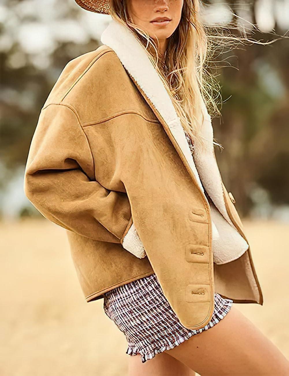 imagechouyatou Women Shawl Collar Sherpa Lined Faux Suede Leather Jacket Motorcycyle Dressy Casual Winter CoatKhaki