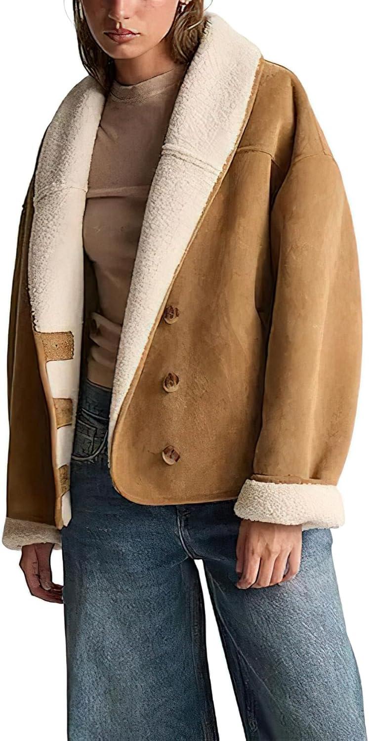 imagechouyatou Women Shawl Collar Sherpa Lined Faux Suede Leather Jacket Motorcycyle Dressy Casual Winter CoatKhaki