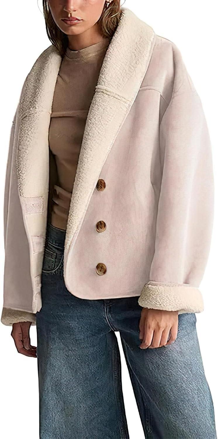 imagechouyatou Women Shawl Collar Sherpa Lined Faux Suede Leather Jacket Motorcycyle Dressy Casual Winter CoatPink