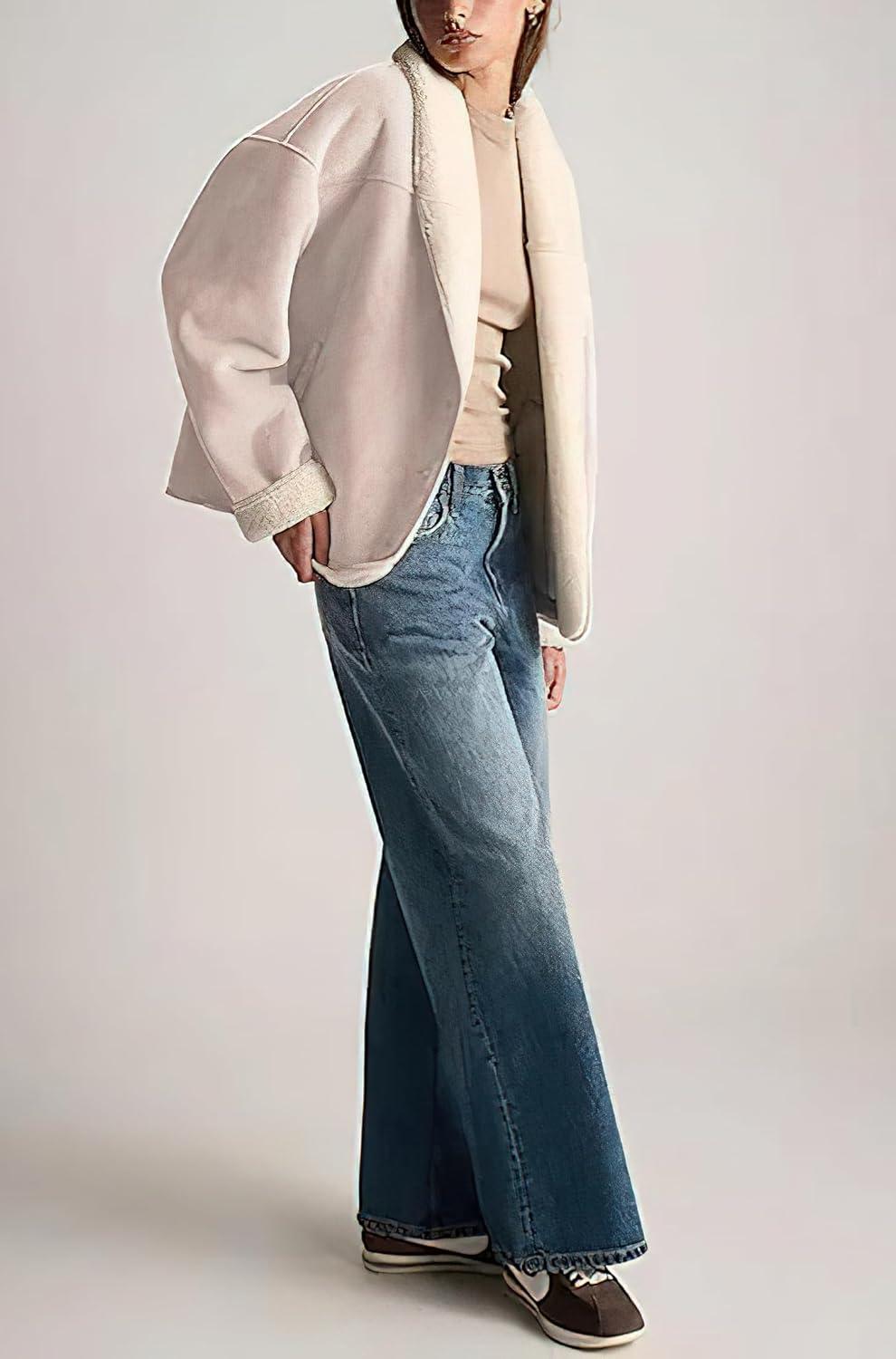 imagechouyatou Women Shawl Collar Sherpa Lined Faux Suede Leather Jacket Motorcycyle Dressy Casual Winter CoatPink