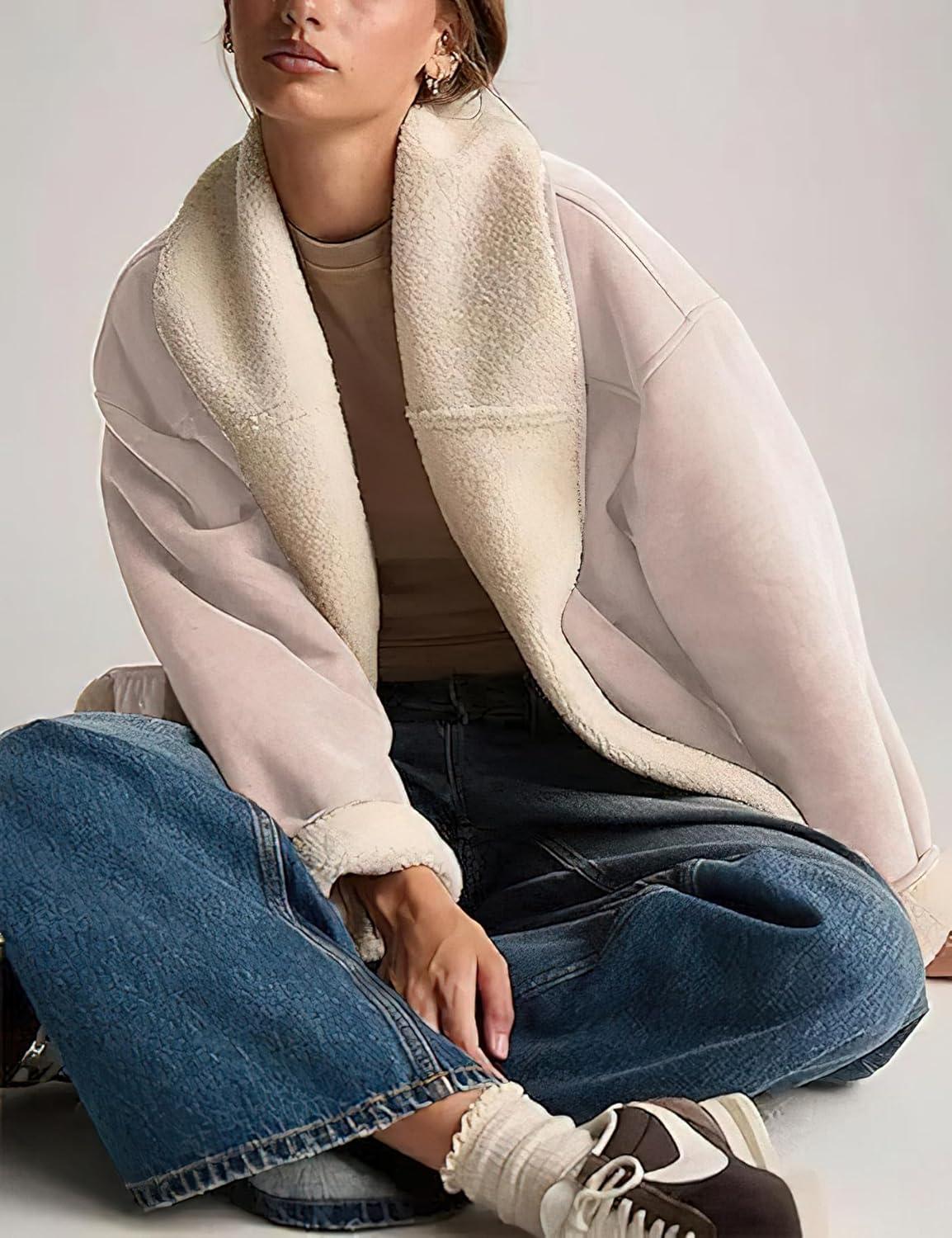 imagechouyatou Women Shawl Collar Sherpa Lined Faux Suede Leather Jacket Motorcycyle Dressy Casual Winter CoatPink