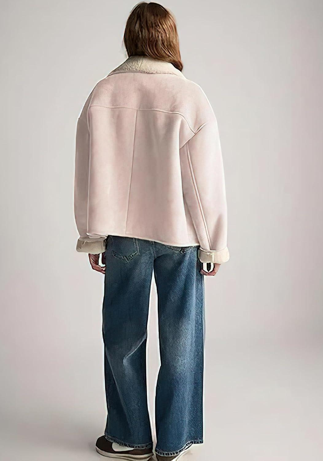 imagechouyatou Women Shawl Collar Sherpa Lined Faux Suede Leather Jacket Motorcycyle Dressy Casual Winter CoatPink