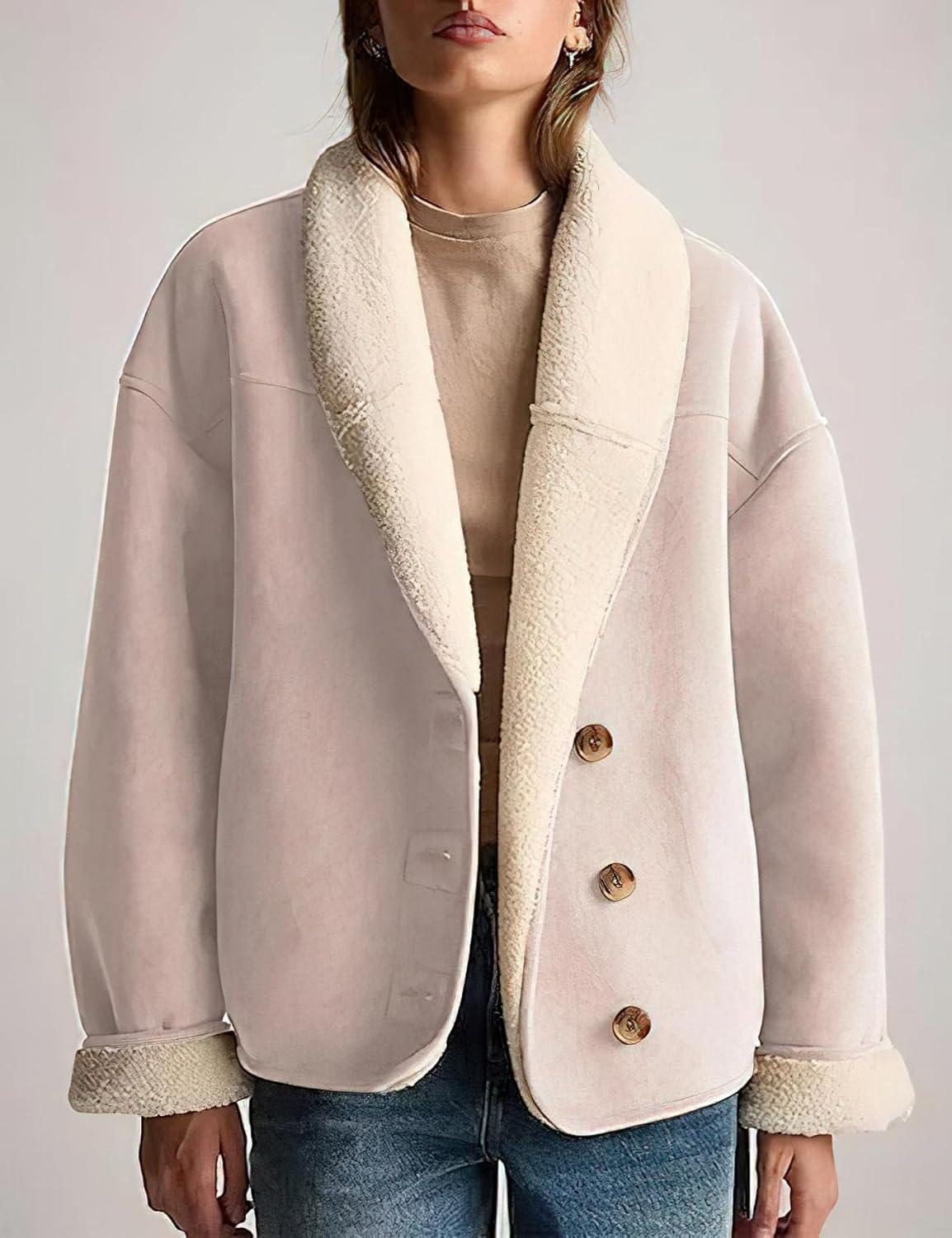 imagechouyatou Women Shawl Collar Sherpa Lined Faux Suede Leather Jacket Motorcycyle Dressy Casual Winter CoatPink