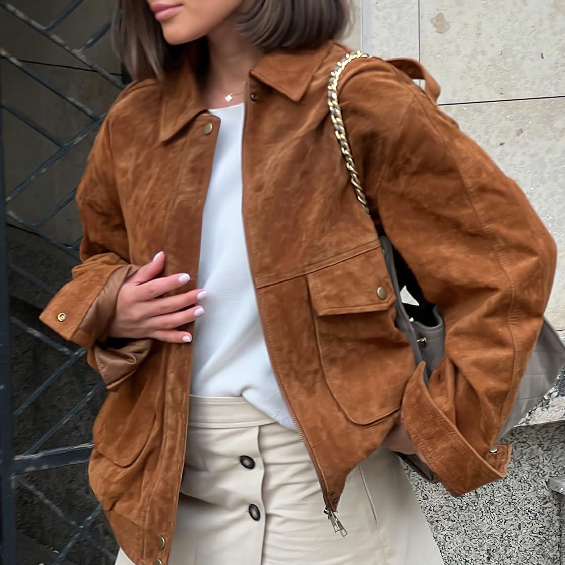 imagechouyatou Women Vintage Faux Suede Jacket Zip Up Bomber Jacket Lapel Collar Cropped Biker Moto Jacket CoatBrown