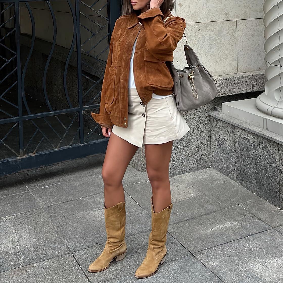 imagechouyatou Women Vintage Faux Suede Jacket Zip Up Bomber Jacket Lapel Collar Cropped Biker Moto Jacket CoatBrown