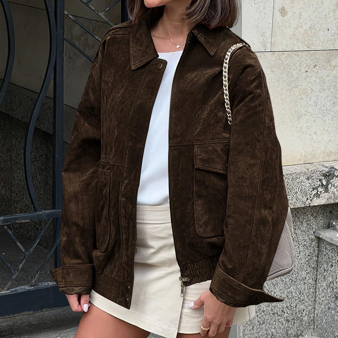 imagechouyatou Women Vintage Faux Suede Jacket Zip Up Bomber Jacket Lapel Collar Cropped Biker Moto Jacket CoatCoffee