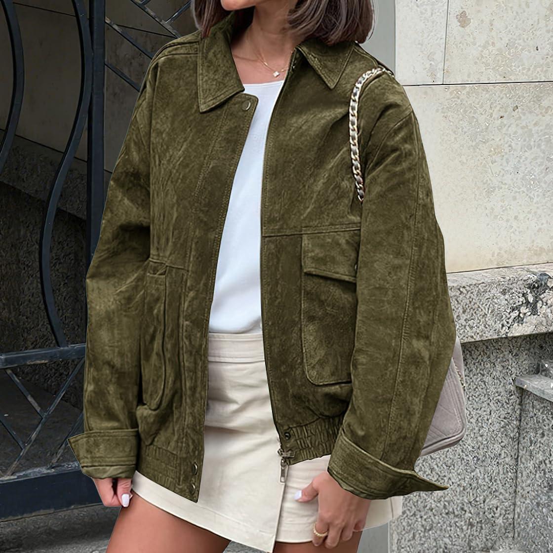 imagechouyatou Women Vintage Faux Suede Jacket Zip Up Bomber Jacket Lapel Collar Cropped Biker Moto Jacket CoatGreen