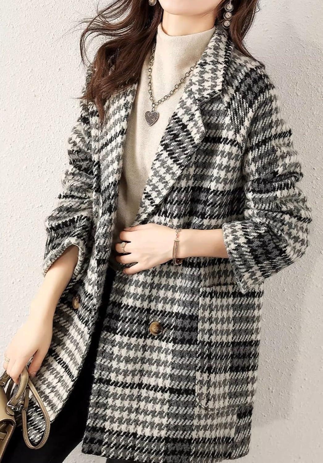 imagechouyatou Women Winter Notch Lapel Wool Blazer Trench Coat Plaid Double Breasted Business Causal PeacoatGrey