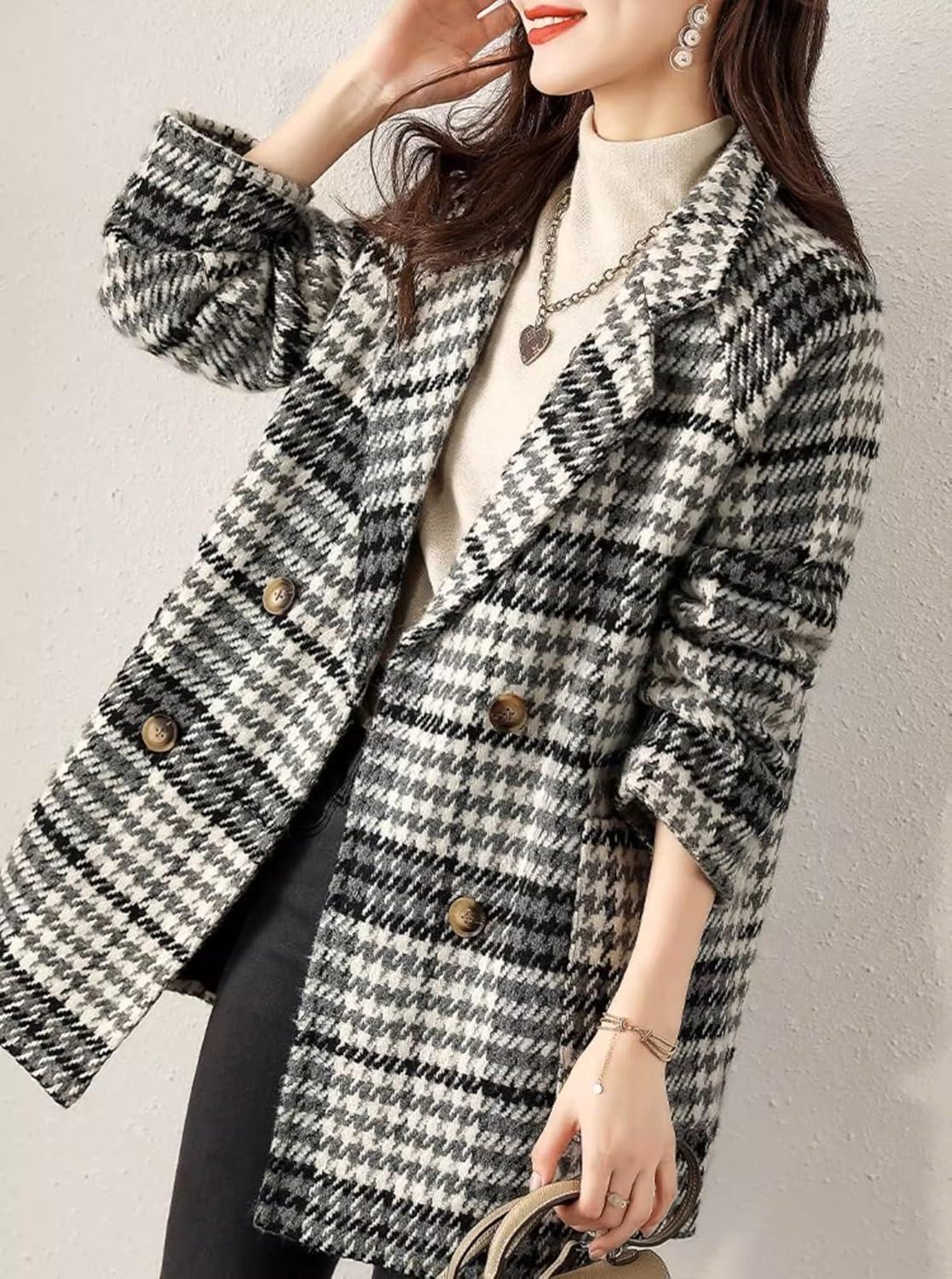 imagechouyatou Women Winter Notch Lapel Wool Blazer Trench Coat Plaid Double Breasted Business Causal PeacoatGrey