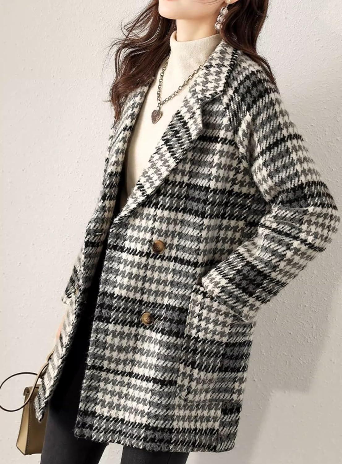 imagechouyatou Women Winter Notch Lapel Wool Blazer Trench Coat Plaid Double Breasted Business Causal PeacoatGrey
