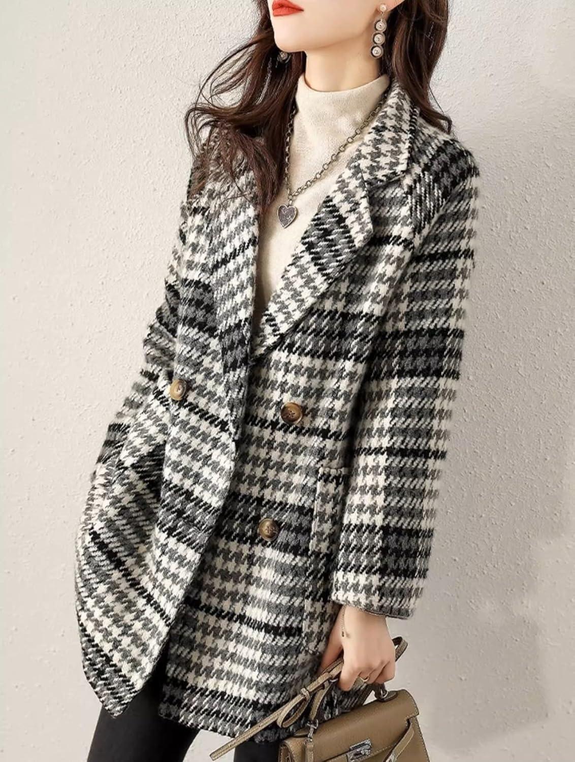 imagechouyatou Women Winter Notch Lapel Wool Blazer Trench Coat Plaid Double Breasted Business Causal PeacoatGrey