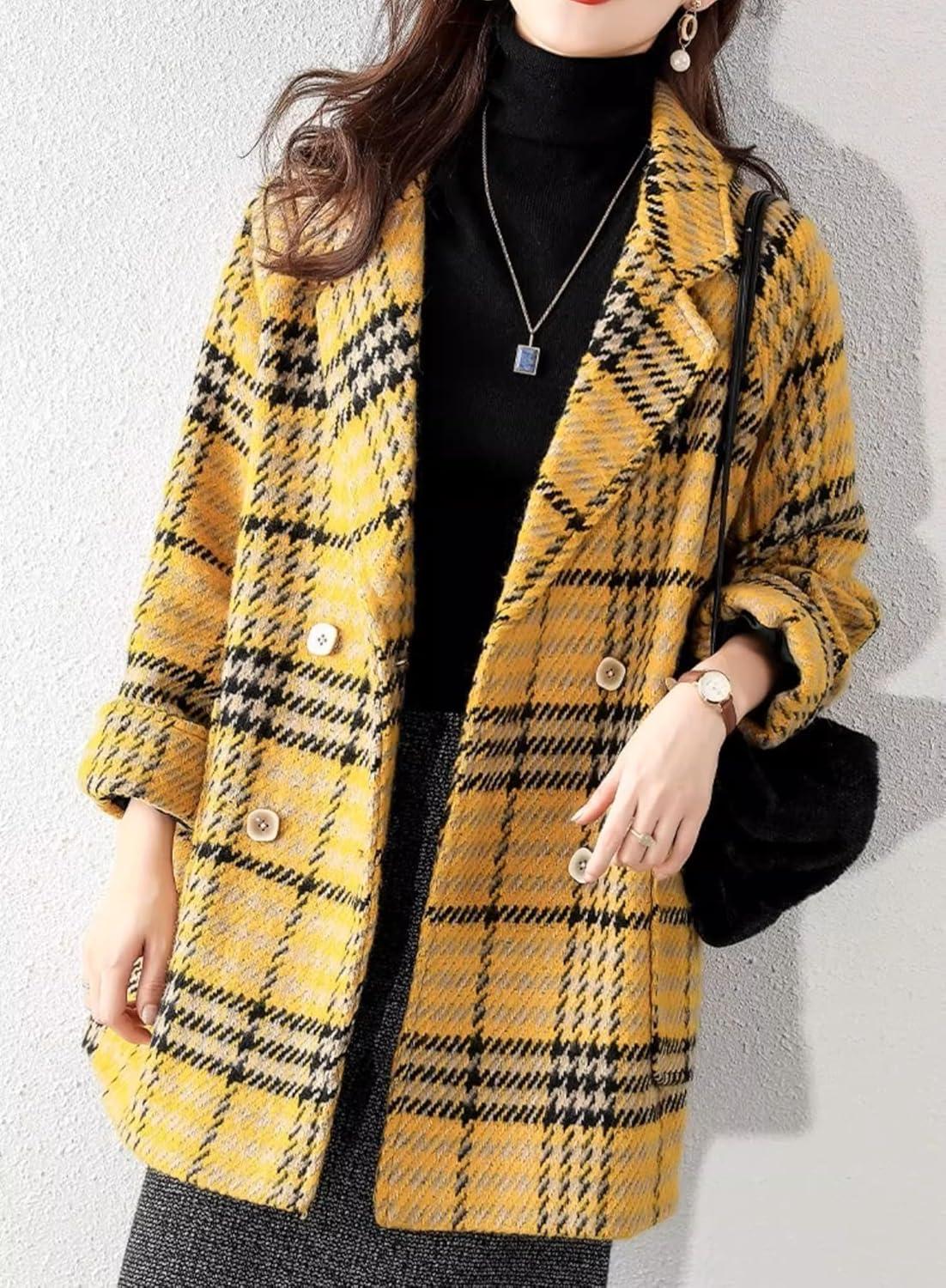 imagechouyatou Women Winter Notch Lapel Wool Blazer Trench Coat Plaid Double Breasted Business Causal PeacoatYellow