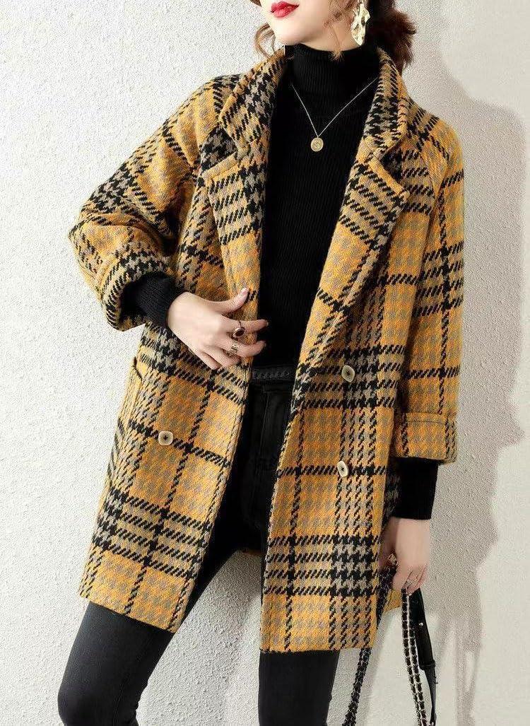 imagechouyatou Women Winter Notch Lapel Wool Blazer Trench Coat Plaid Double Breasted Business Causal PeacoatYellow