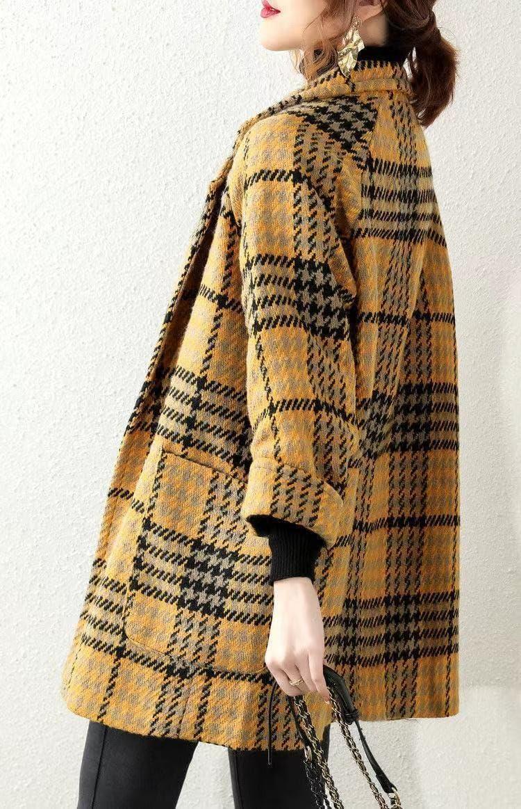 imagechouyatou Women Winter Notch Lapel Wool Blazer Trench Coat Plaid Double Breasted Business Causal PeacoatYellow