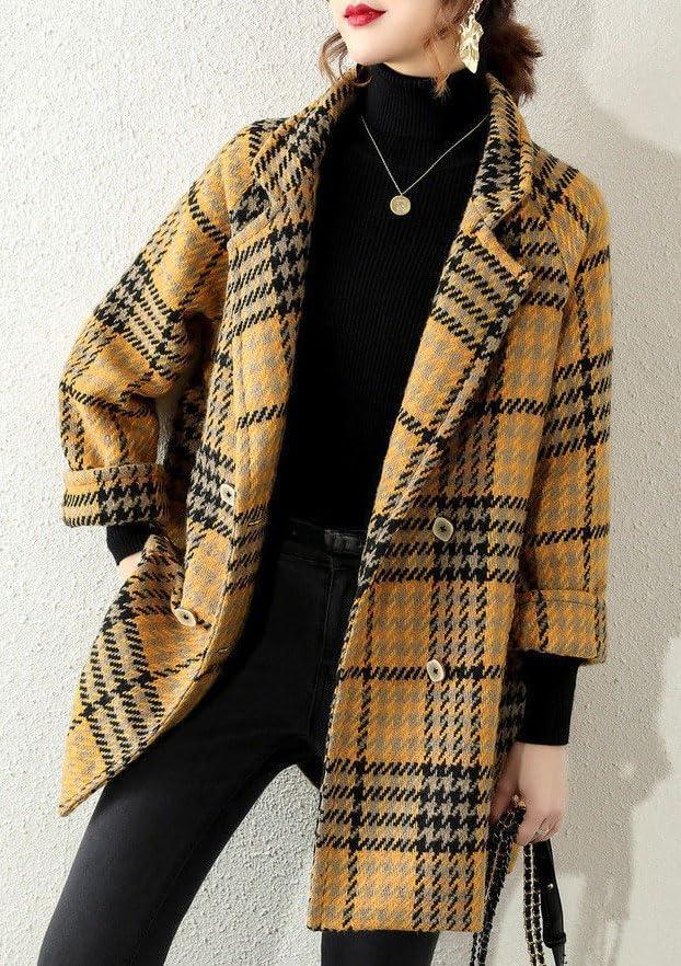 imagechouyatou Women Winter Notch Lapel Wool Blazer Trench Coat Plaid Double Breasted Business Causal PeacoatYellow
