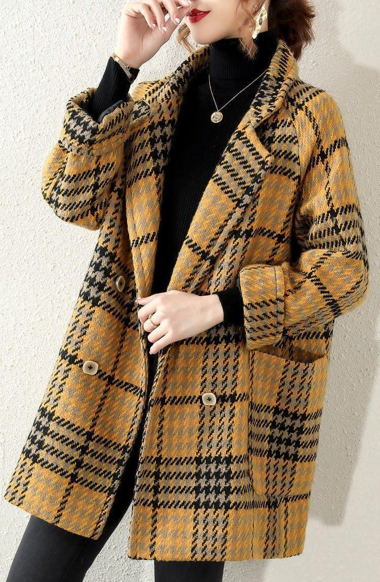 imagechouyatou Women Winter Notch Lapel Wool Blazer Trench Coat Plaid Double Breasted Business Causal PeacoatYellow