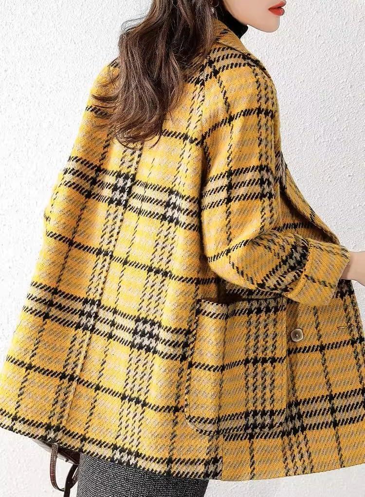 imagechouyatou Women Winter Notch Lapel Wool Blazer Trench Coat Plaid Double Breasted Business Causal PeacoatYellow