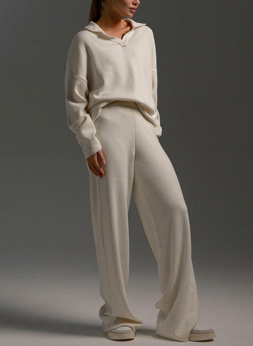 imagechouyatou Womens 2 Piece Lounge Sets Polo Collared Sweater Full Length Pant Two Piece Sweater Pant OutfitsBeige