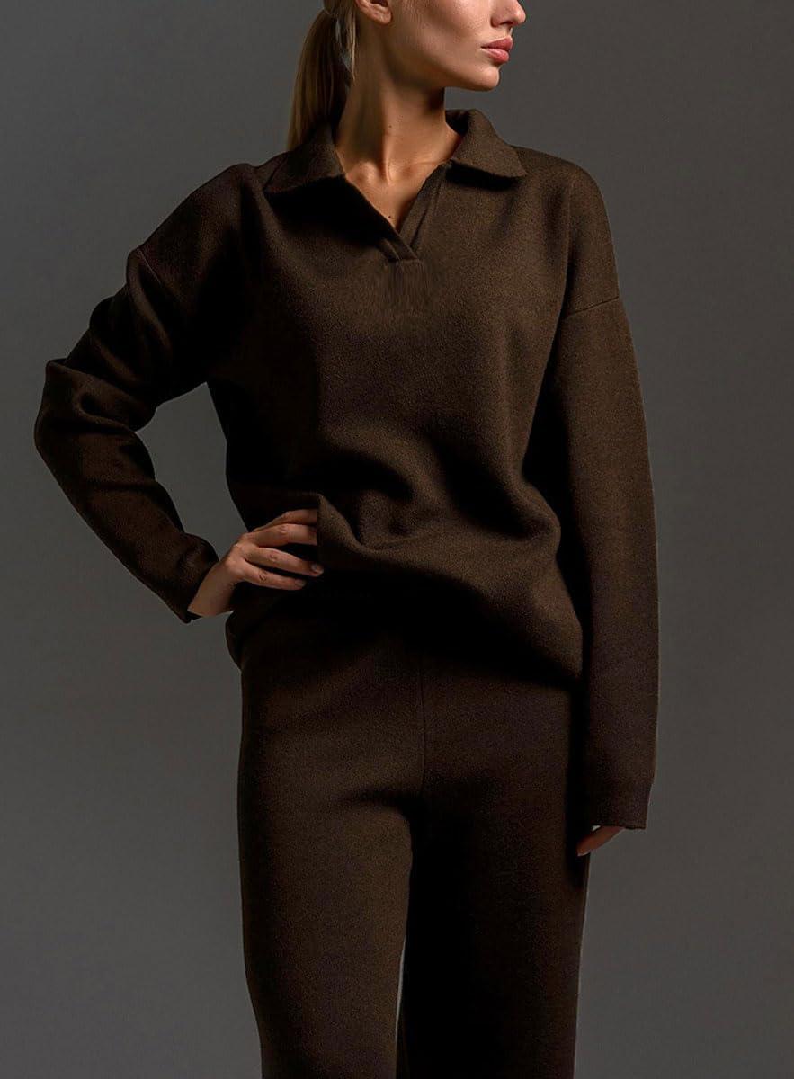 imagechouyatou Womens 2 Piece Lounge Sets Polo Collared Sweater Full Length Pant Two Piece Sweater Pant OutfitsCoffee