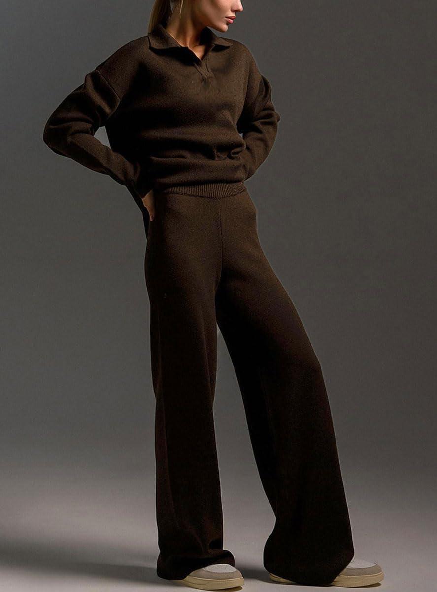 imagechouyatou Womens 2 Piece Lounge Sets Polo Collared Sweater Full Length Pant Two Piece Sweater Pant OutfitsCoffee