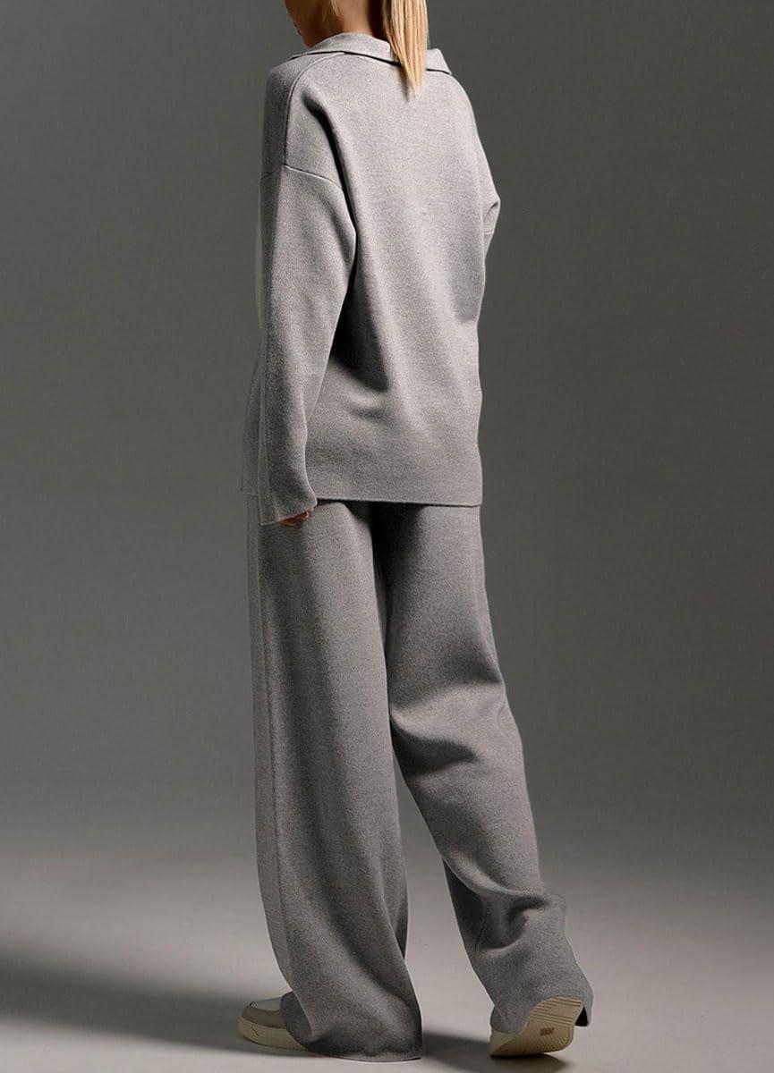 imagechouyatou Womens 2 Piece Lounge Sets Polo Collared Sweater Full Length Pant Two Piece Sweater Pant OutfitsGrey