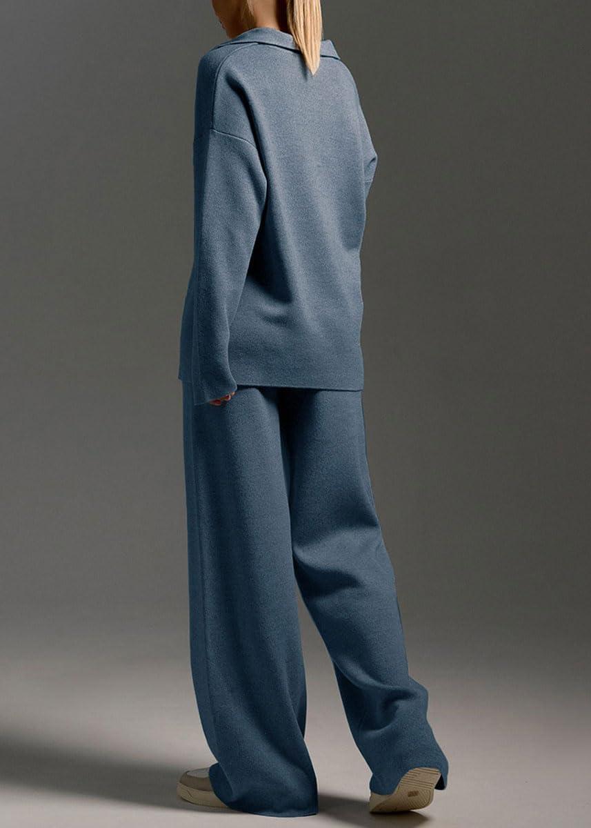 imagechouyatou Womens 2 Piece Lounge Sets Polo Collared Sweater Full Length Pant Two Piece Sweater Pant OutfitsHaze Blue