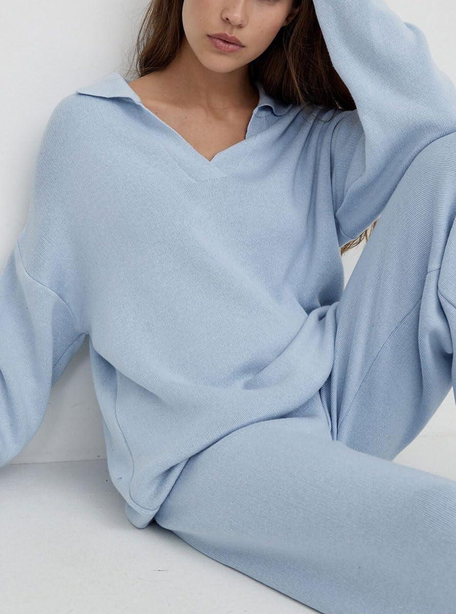 imagechouyatou Womens 2 Piece Lounge Sets Polo Collared Sweater Full Length Pant Two Piece Sweater Pant OutfitsLight Blue