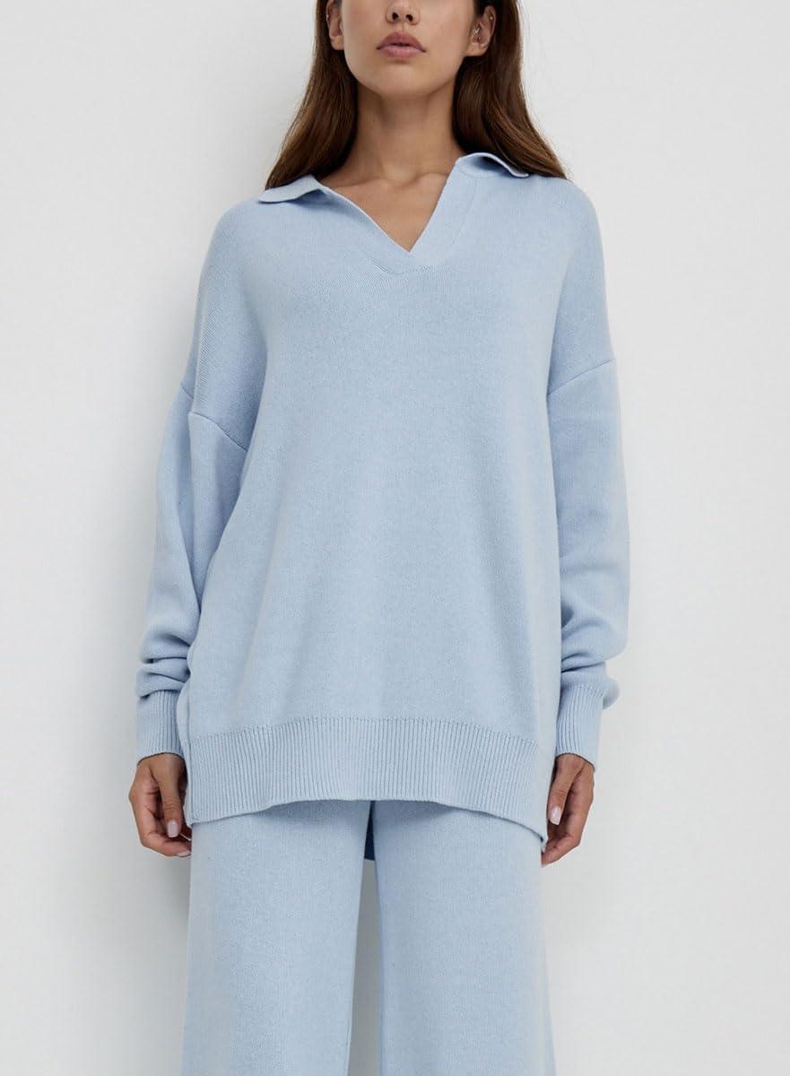 imagechouyatou Womens 2 Piece Lounge Sets Polo Collared Sweater Full Length Pant Two Piece Sweater Pant OutfitsLight Blue