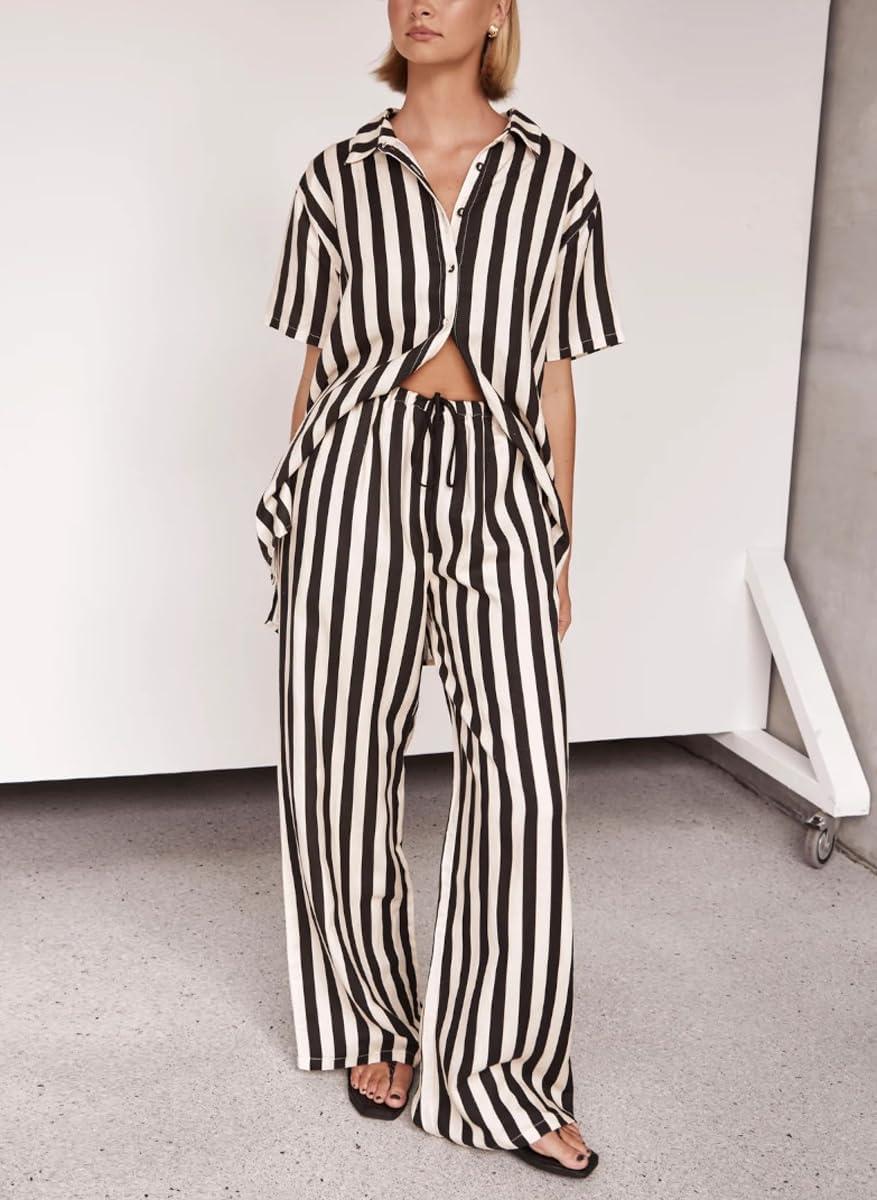 imagechouyatou Womens 2 Piece Lounge Sets Striped Shirt Pant Two Piece Outfits Loose Fit Comfy LoungewearBlack