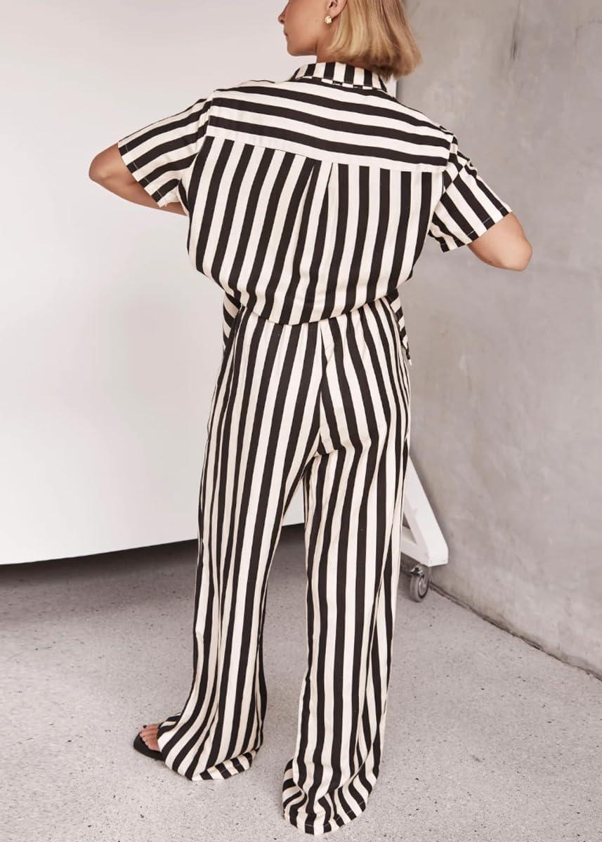 imagechouyatou Womens 2 Piece Lounge Sets Striped Shirt Pant Two Piece Outfits Loose Fit Comfy LoungewearBlack