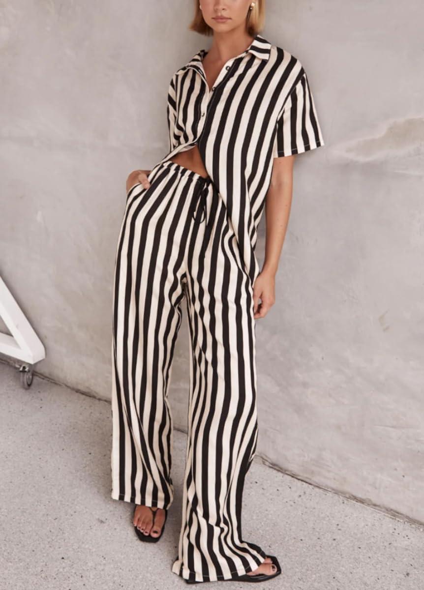 imagechouyatou Womens 2 Piece Lounge Sets Striped Shirt Pant Two Piece Outfits Loose Fit Comfy LoungewearBlack