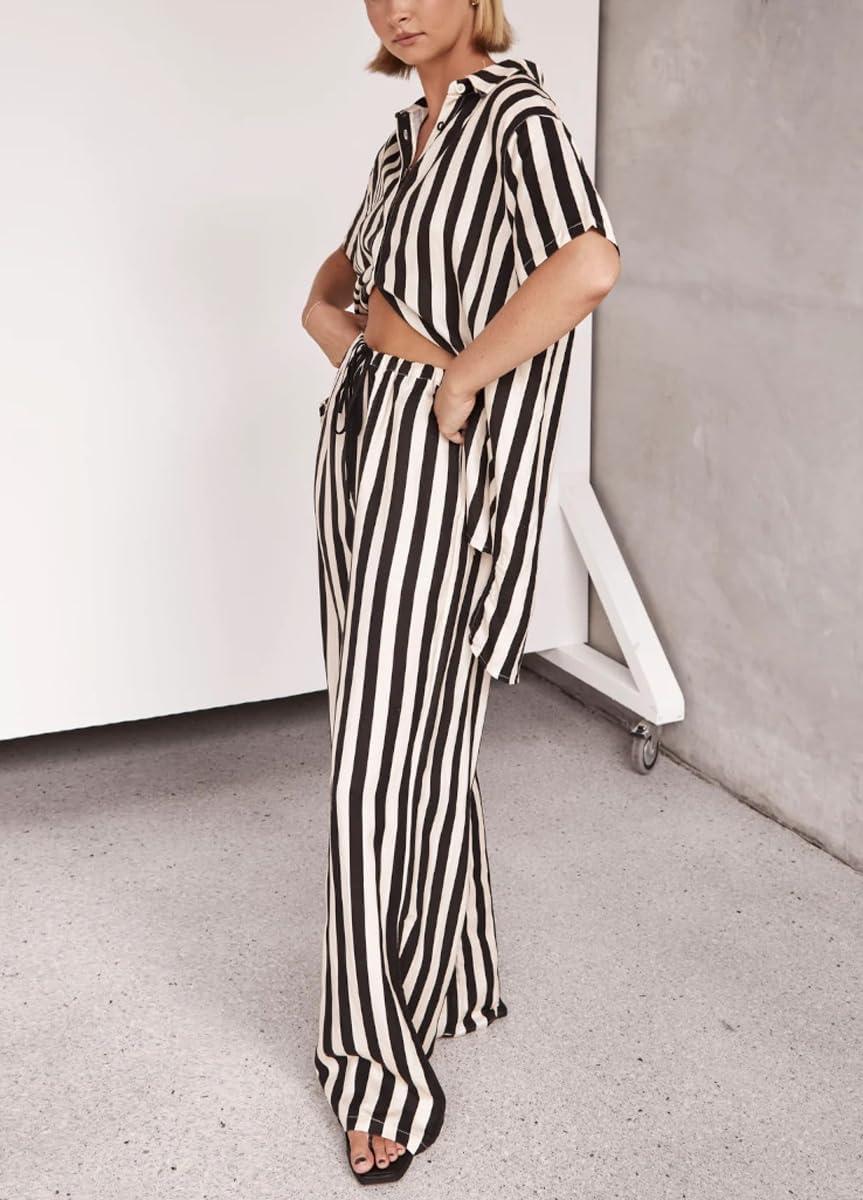 imagechouyatou Womens 2 Piece Lounge Sets Striped Shirt Pant Two Piece Outfits Loose Fit Comfy LoungewearBlack