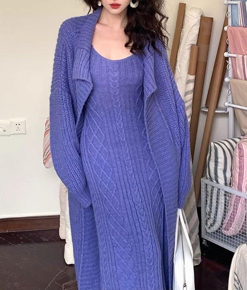 imagechouyatou Womens 2 Piece Outfits Open Front Maxi Cardigan Sweater and Cable Knit Bodycon Long Tank Dress SetsBlue
