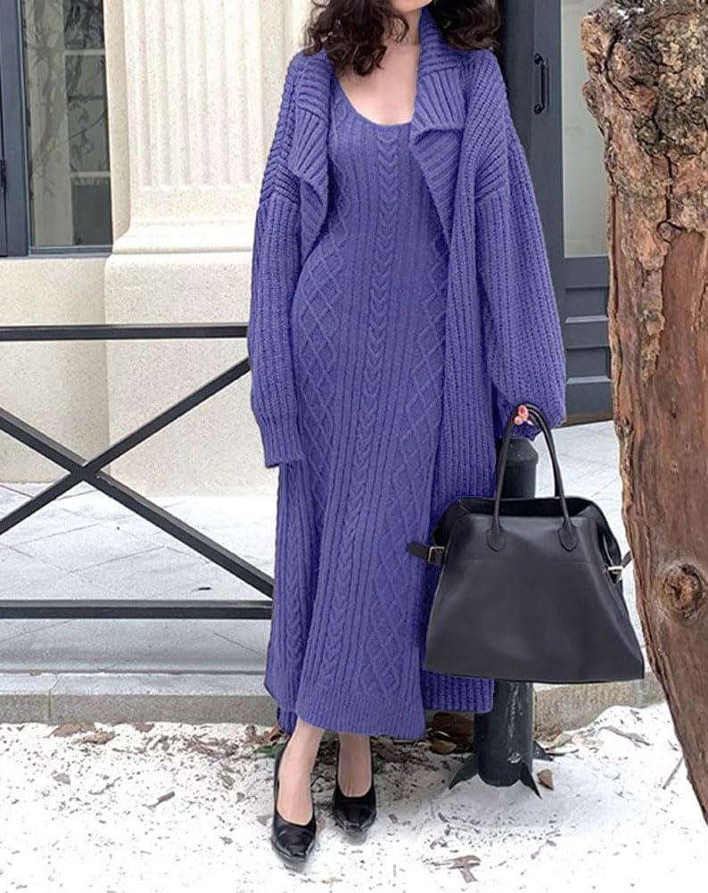 imagechouyatou Womens 2 Piece Outfits Open Front Maxi Cardigan Sweater and Cable Knit Bodycon Long Tank Dress SetsBlue