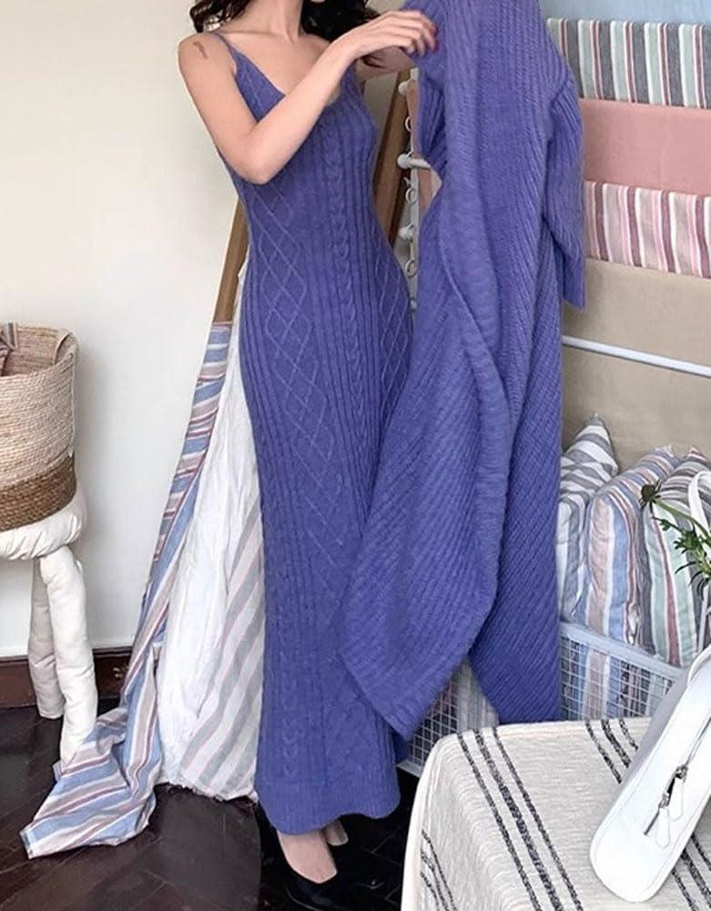 imagechouyatou Womens 2 Piece Outfits Open Front Maxi Cardigan Sweater and Cable Knit Bodycon Long Tank Dress SetsBlue