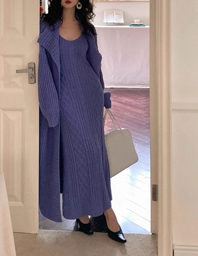 imagechouyatou Womens 2 Piece Outfits Open Front Maxi Cardigan Sweater and Cable Knit Bodycon Long Tank Dress SetsBlue