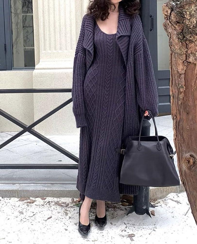 imagechouyatou Womens 2 Piece Outfits Open Front Maxi Cardigan Sweater and Cable Knit Bodycon Long Tank Dress SetsGray