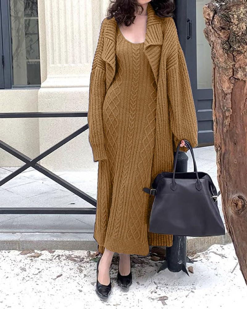 imagechouyatou Womens 2 Piece Outfits Open Front Maxi Cardigan Sweater and Cable Knit Bodycon Long Tank Dress SetsKhaki