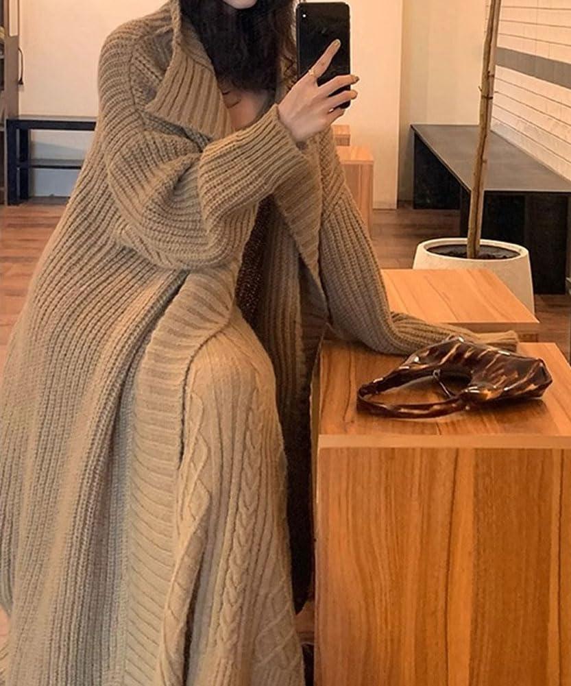 imagechouyatou Womens 2 Piece Outfits Open Front Maxi Cardigan Sweater and Cable Knit Bodycon Long Tank Dress SetsKhaki