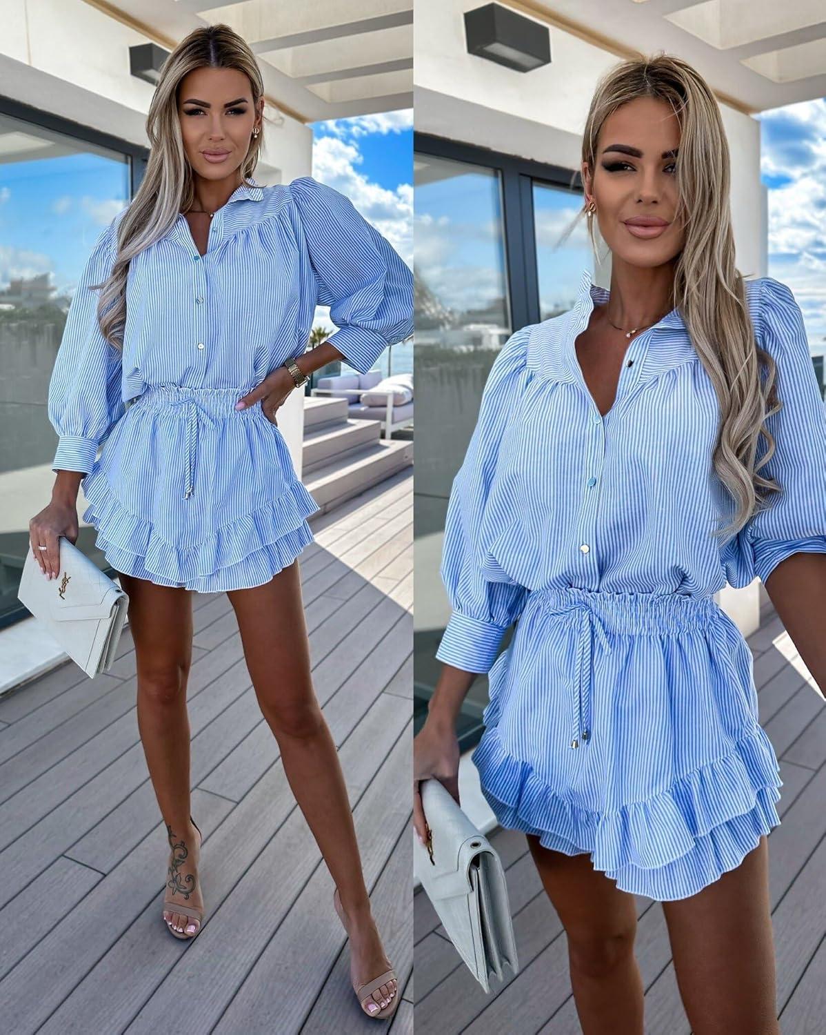imagechouyatou Womens 2 Piece Outfits Striped Button Down Shirt Ruffled Pleated Mini Skirt Matching SetBlue