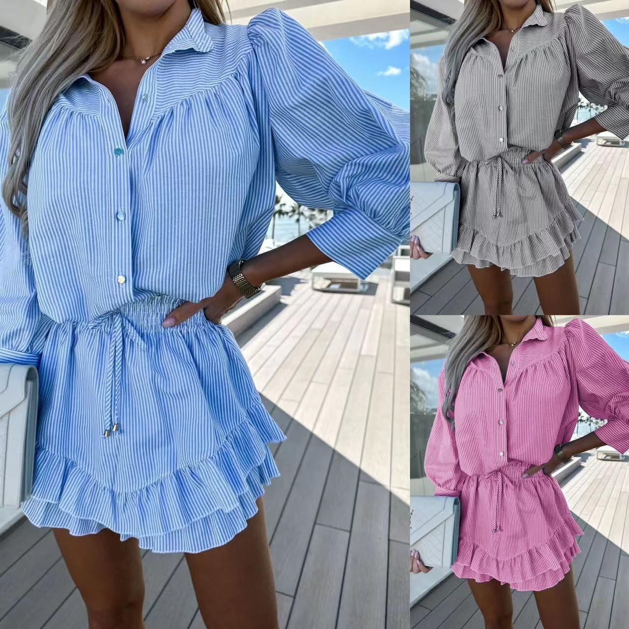 imagechouyatou Womens 2 Piece Outfits Striped Button Down Shirt Ruffled Pleated Mini Skirt Matching SetGray