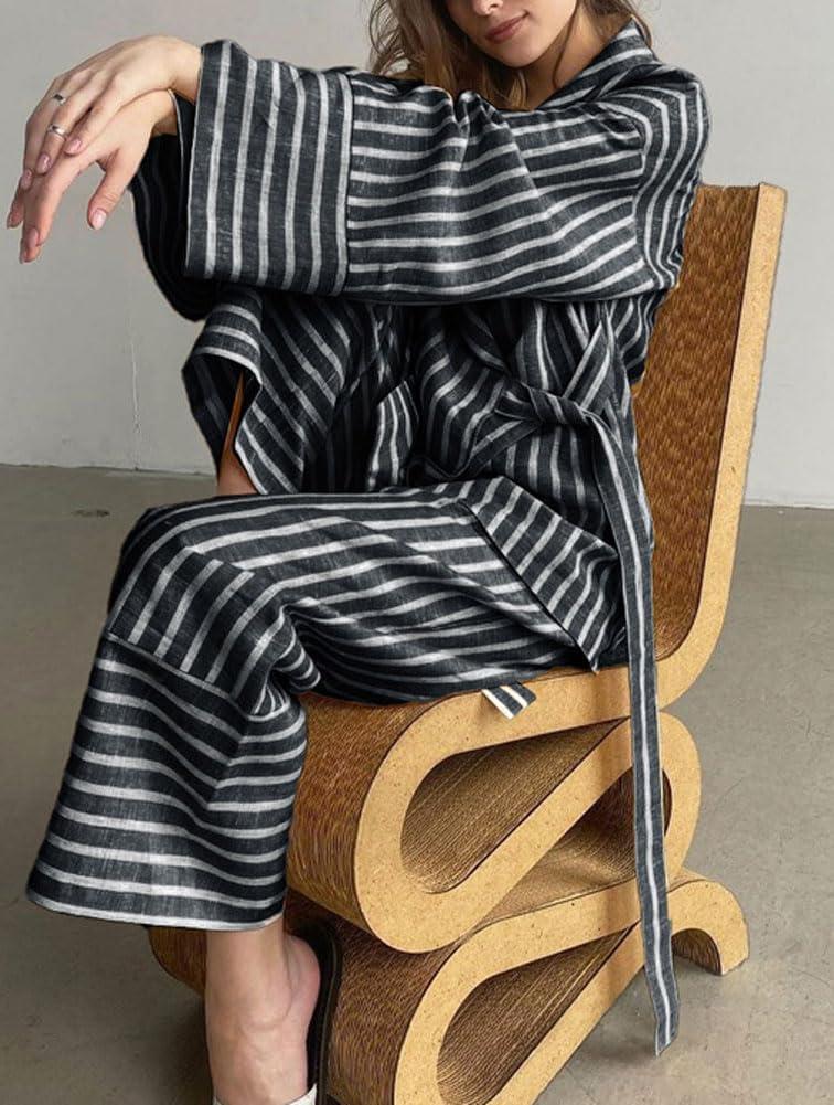 imagechouyatou Womens 2 Piece Striped Lounge Set Oversized Shirt and Wide Leg Cropped Pant Matching SetsBlack