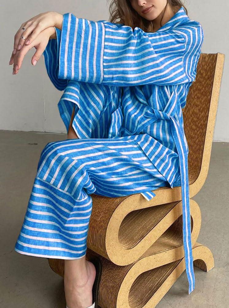 imagechouyatou Womens 2 Piece Striped Lounge Set Oversized Shirt and Wide Leg Cropped Pant Matching SetsBlue
